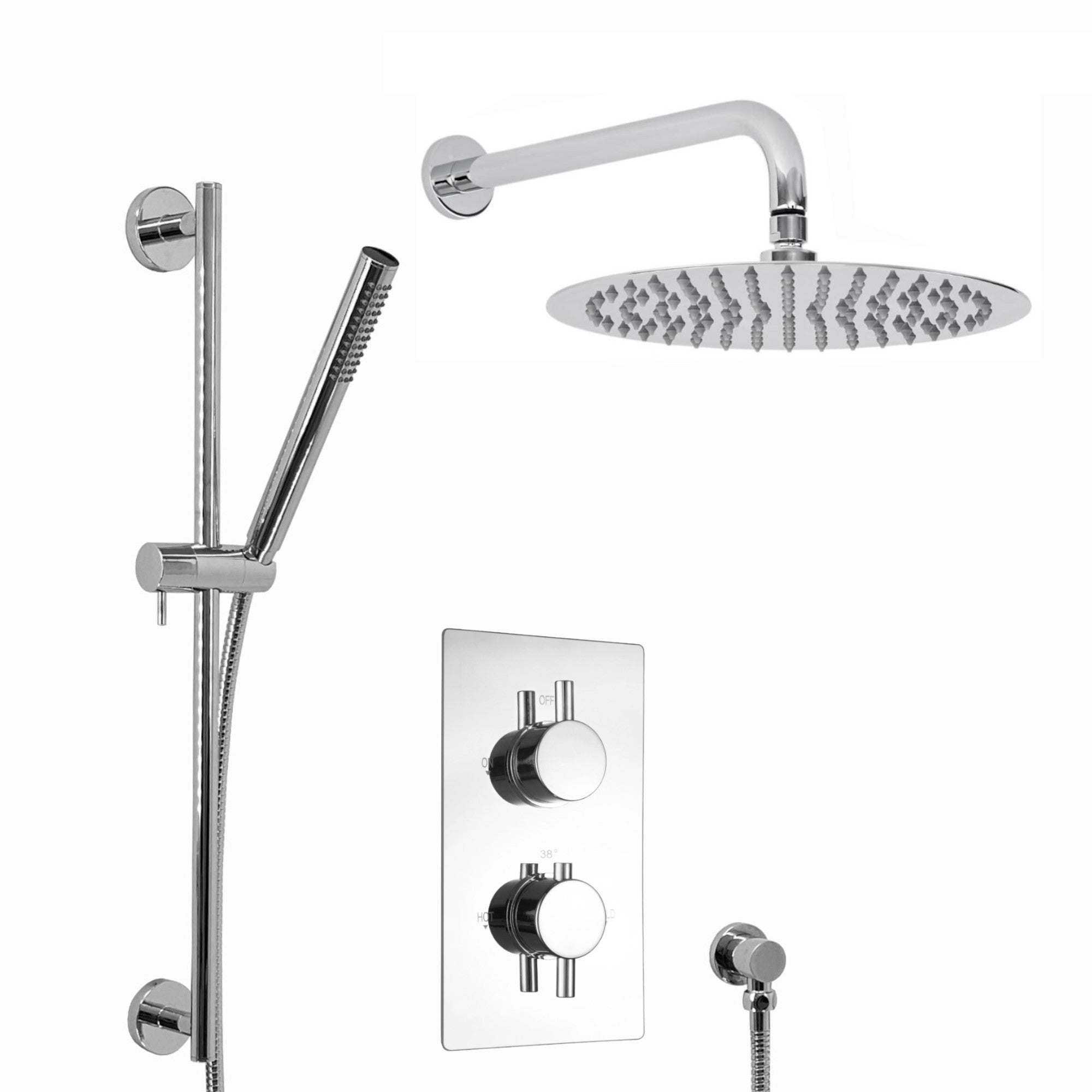 Venice Contemporary Round Concealed Thermostatic Shower Set Incl. Twin Valve, Wall Fixed 8" Shower Head, Slider Rail Kit - Chrome (2 Outlet)